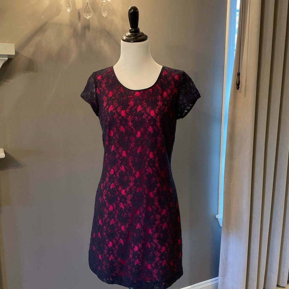 Banana Republic two tone navy and hot pink short sleeve dress, size 2P